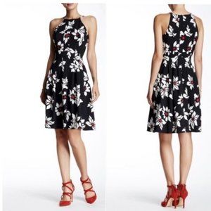 Adrianna Papell Floral Daisy Black White Dress, Halter, Pleated, Size 12